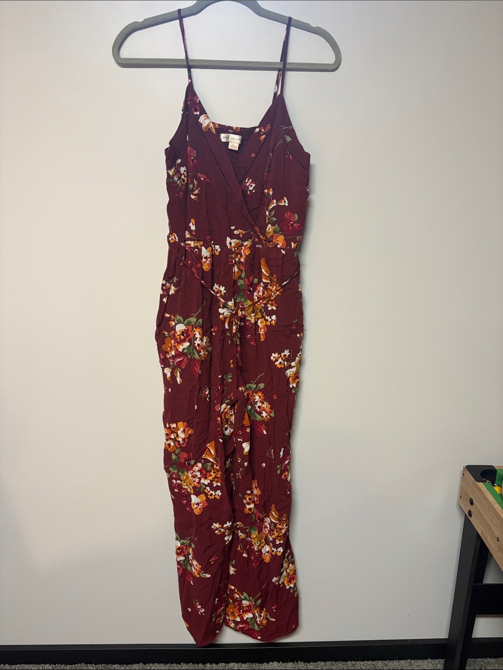 Floral Burgundy Spaghetti-Strap Jumpsuit, L